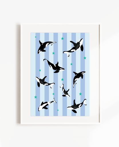 Dancing Orcas with Green Stars